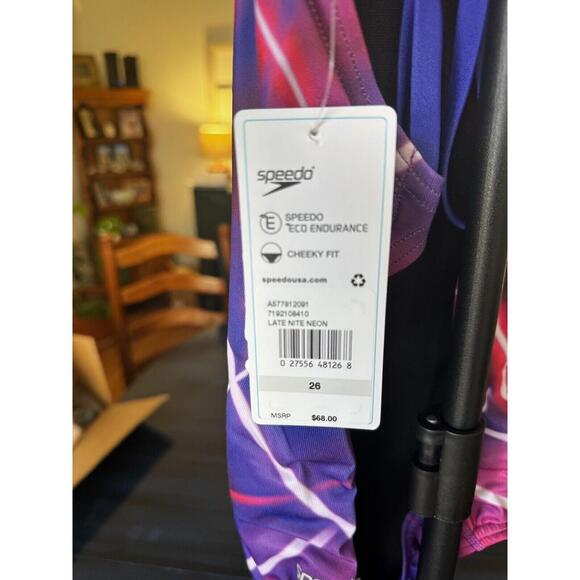 Women's Speedo Eco Endurance UPF 50+ Cheeky Fit Late Nite Neon One Piece Size 26 - Picture 2 of 5